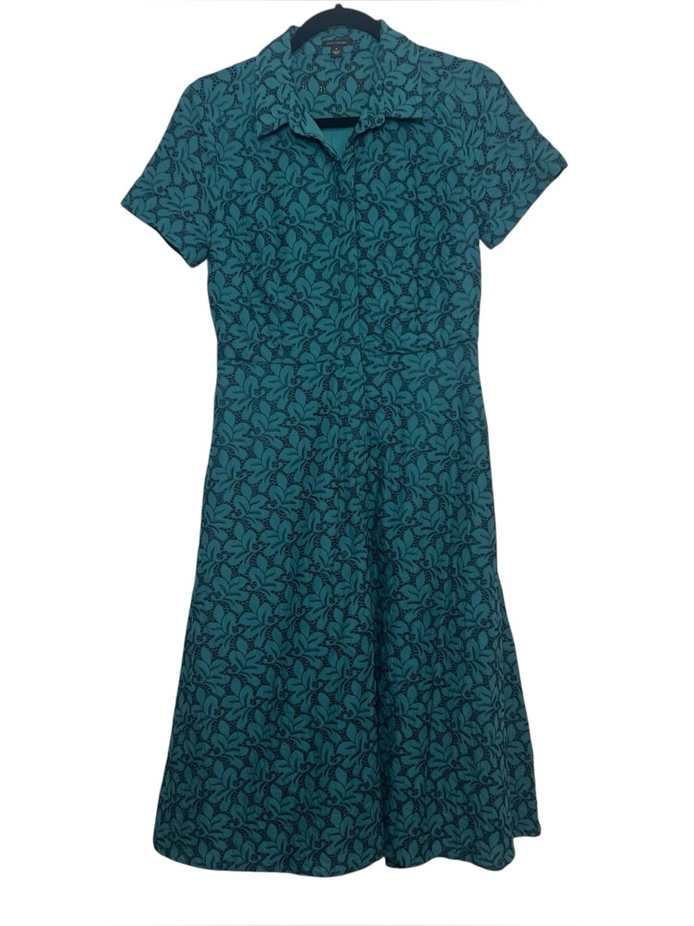 Ann Taylor Midi Shirt Dress Womens Size 4 Green Floral Eyelet Hidden Button